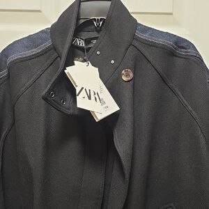 Zara Black Short-Sleeve Trench Coat with Dark Denim Trim